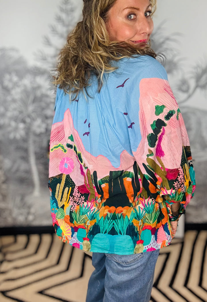 Mexico Printed Flowy Blouse in Blue