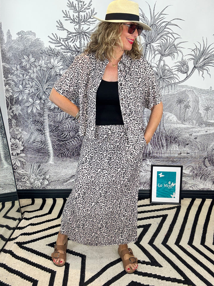 Indie Skirt Linen Leopard pebble
