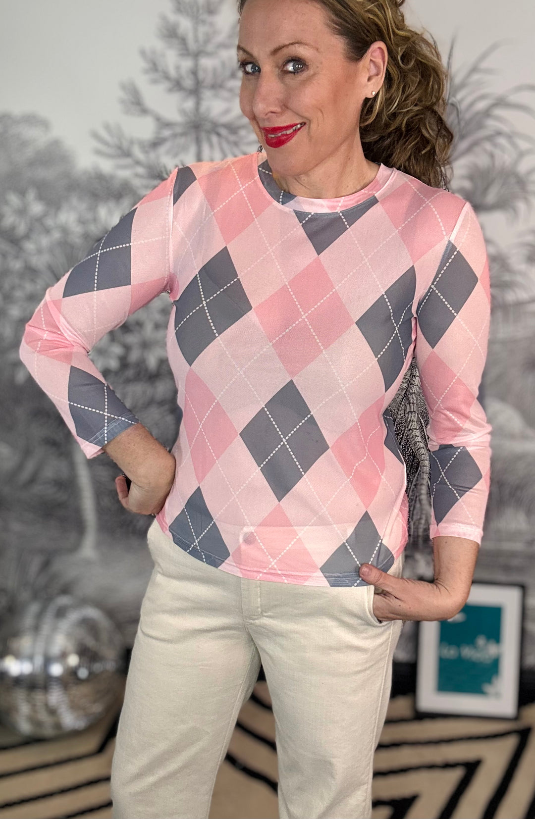 Annies Argyle Print Mesh Top