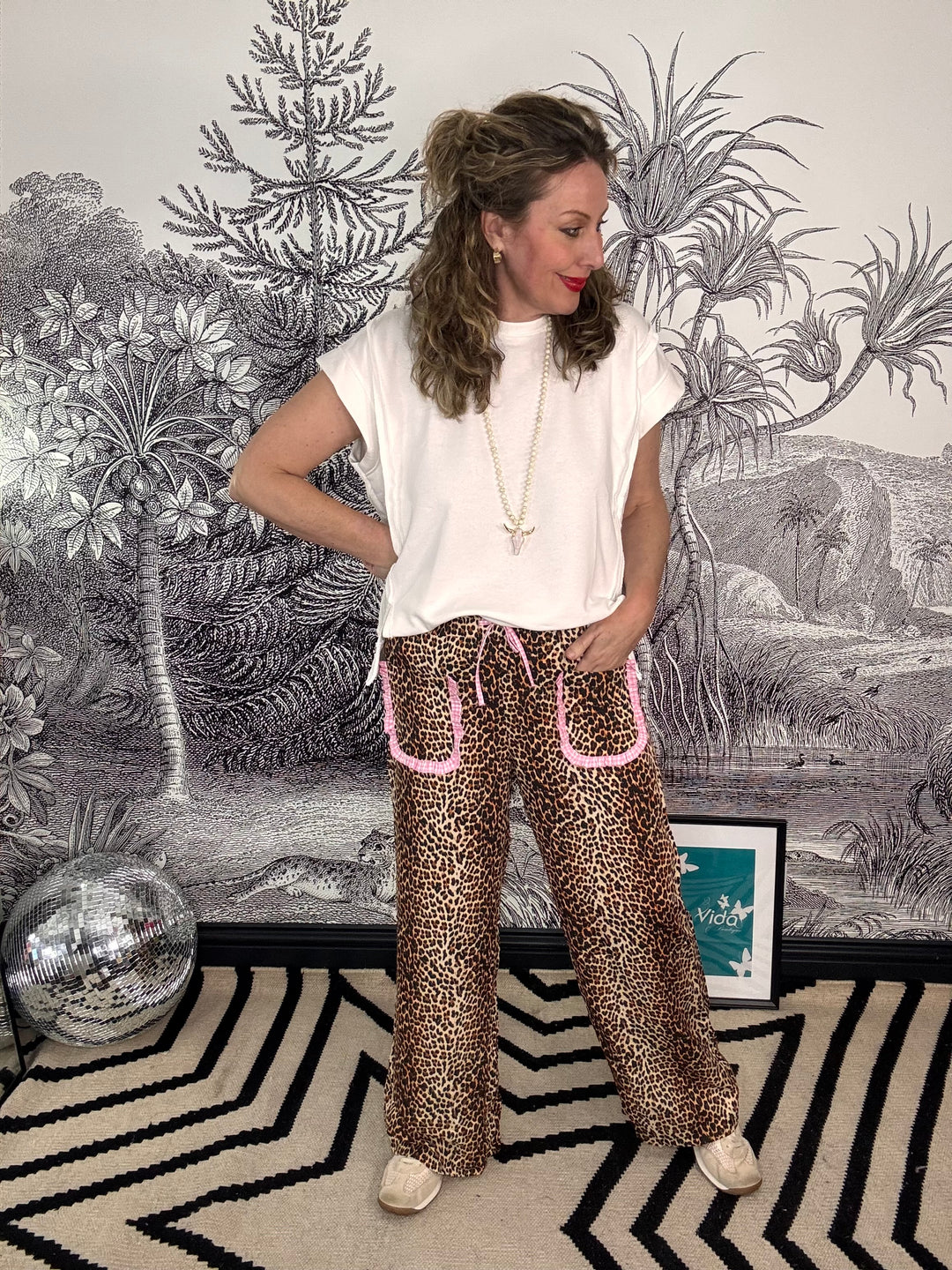 Pascha animal print relaxed trouser with pink gingham pocket