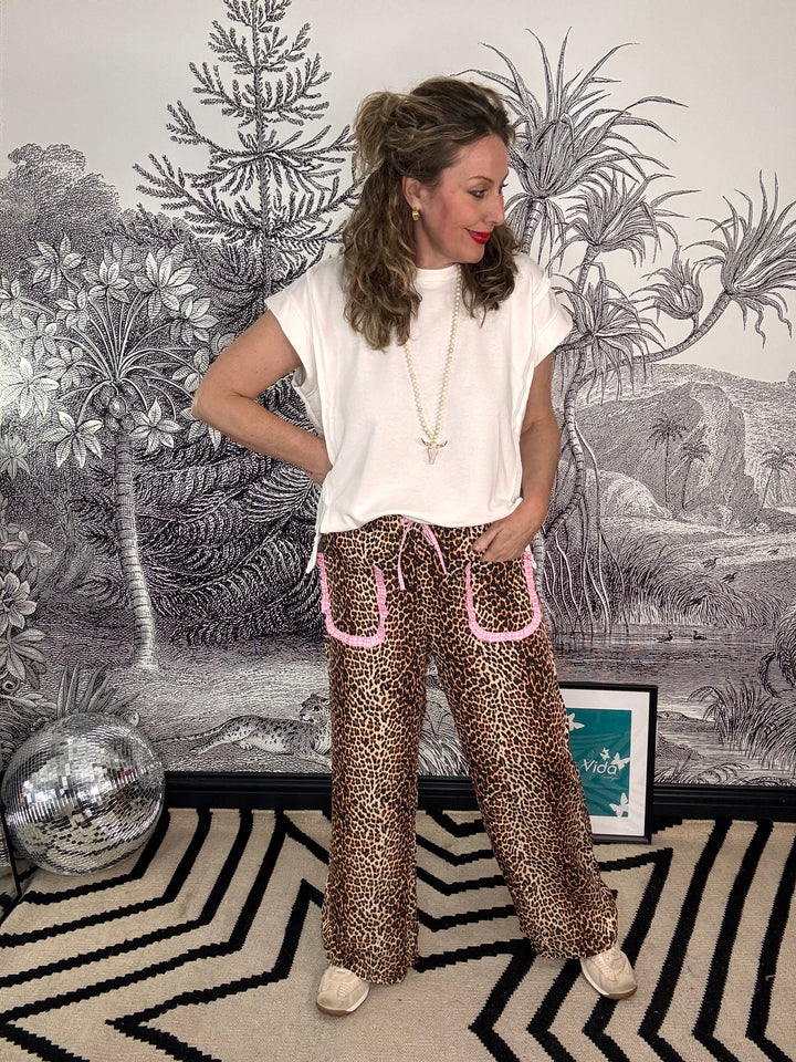 Pascha animal print relaxed trouser with pink gingham pocket
