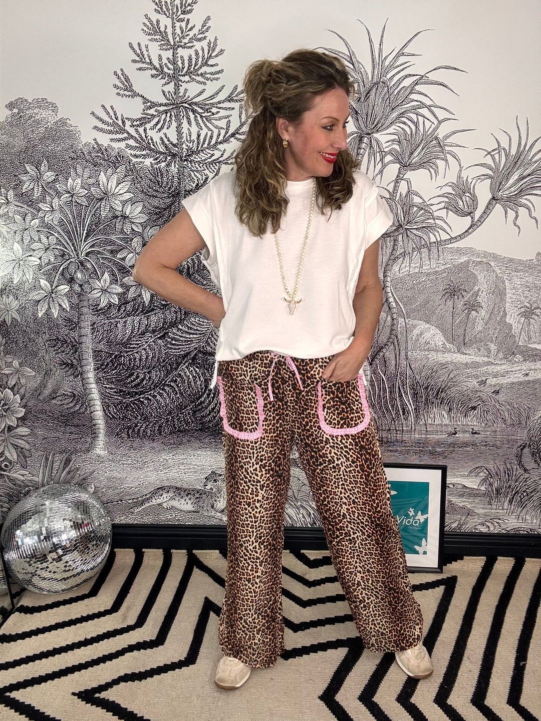 Pascha animal print relaxed trouser with pink gingham pocket