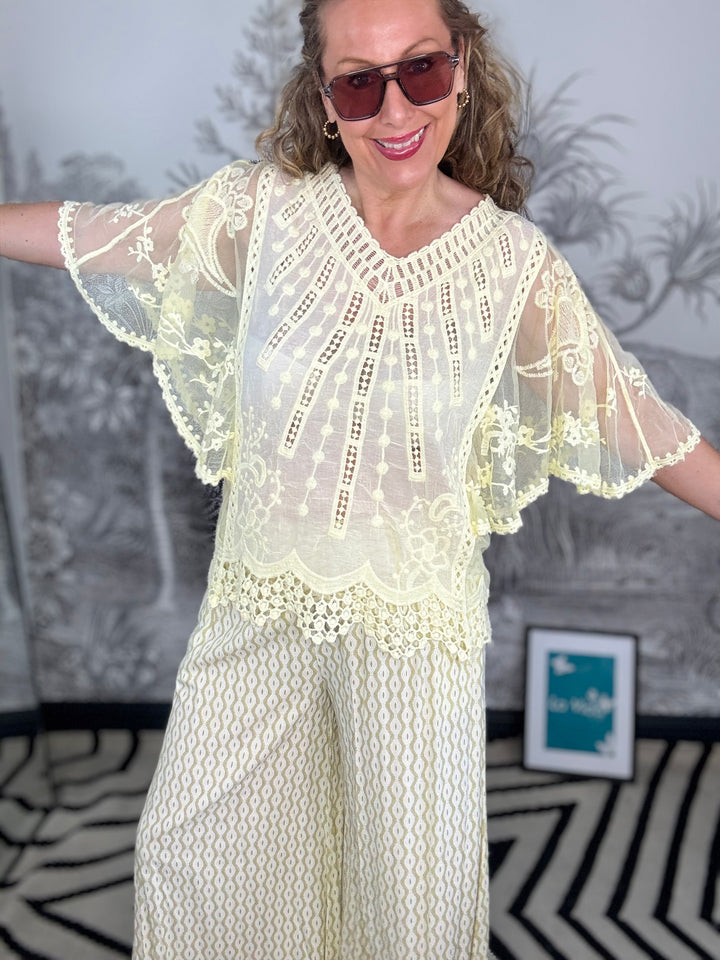 Mariposa Pale Yellow Lace &amp; Crochet Top