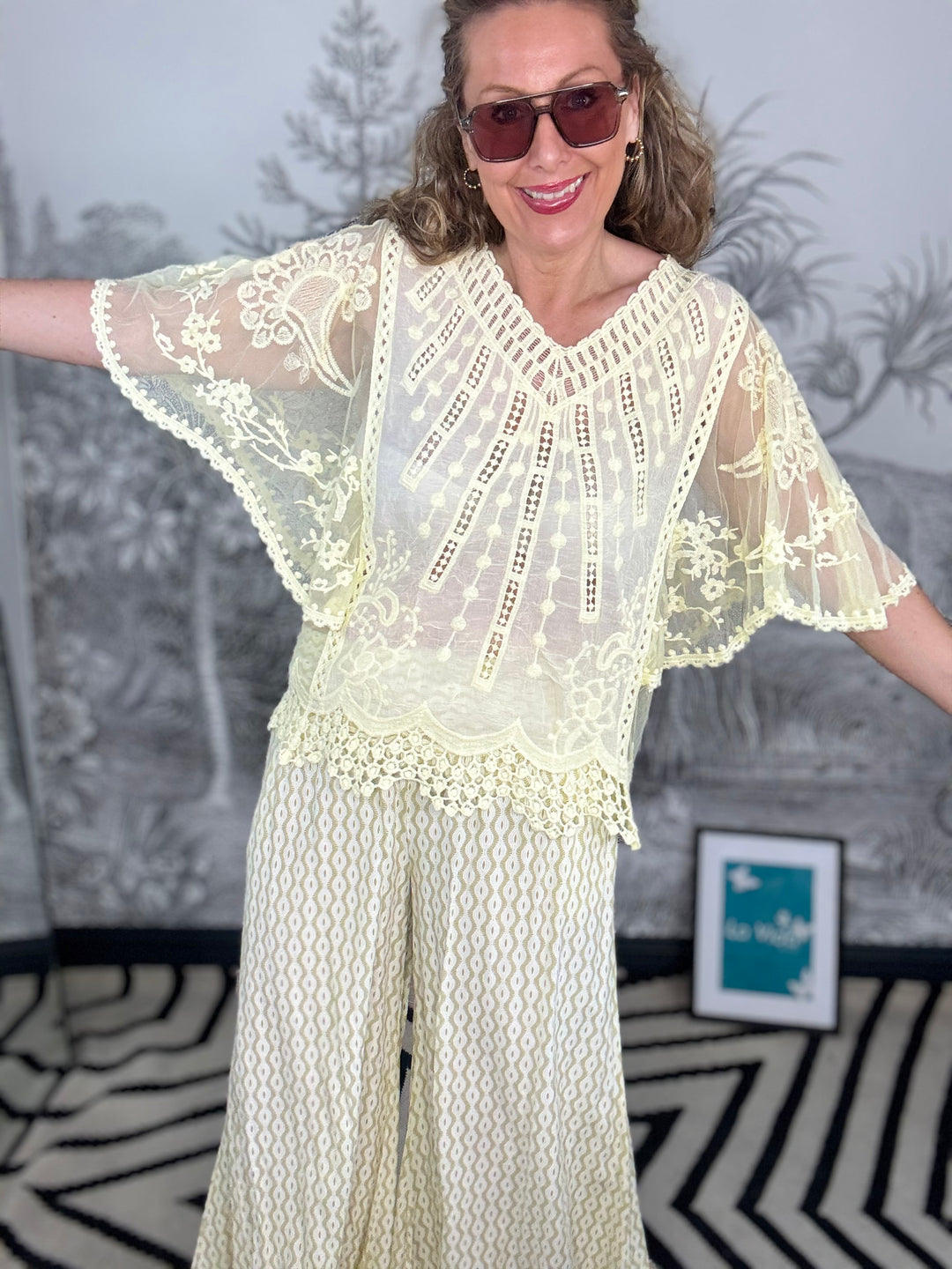 Mariposa Pale Yellow Lace &amp; Crochet Top