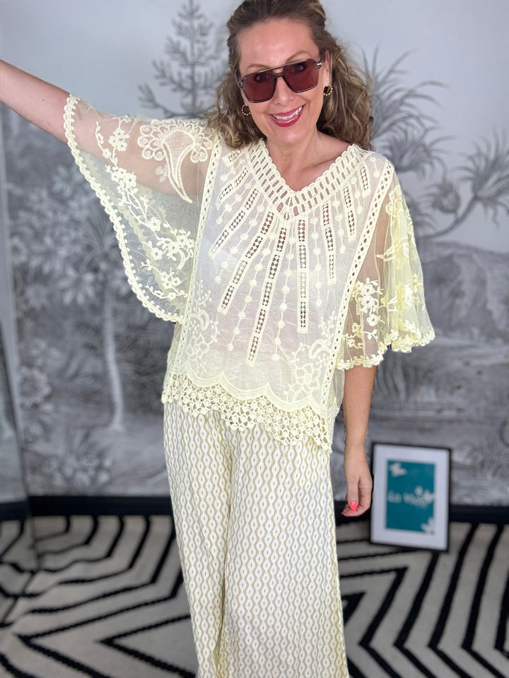 Mariposa Pale Yellow Lace &amp; Crochet Top