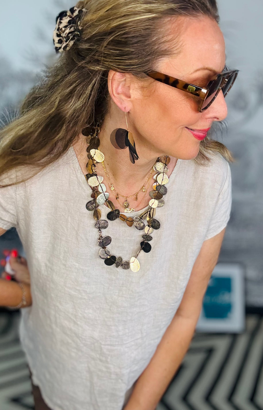 Petal-like double strand long necklace