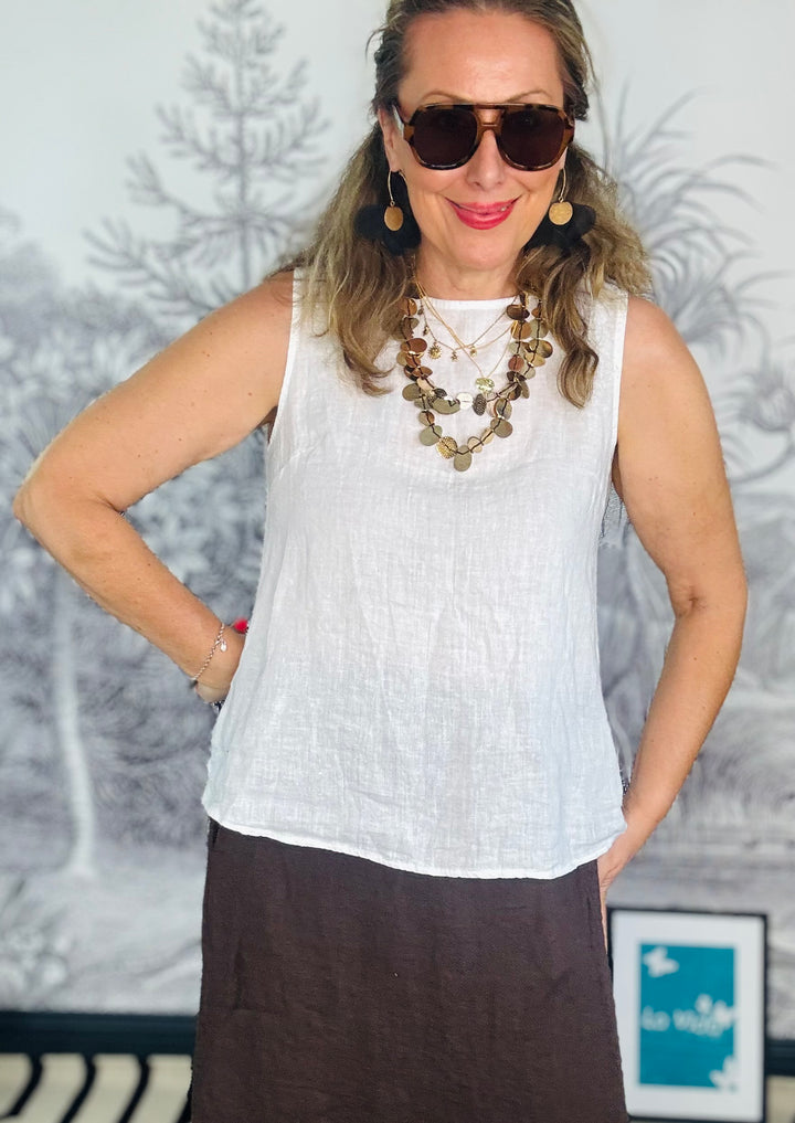 Tuscany Linen Button Back Sleeveless Top