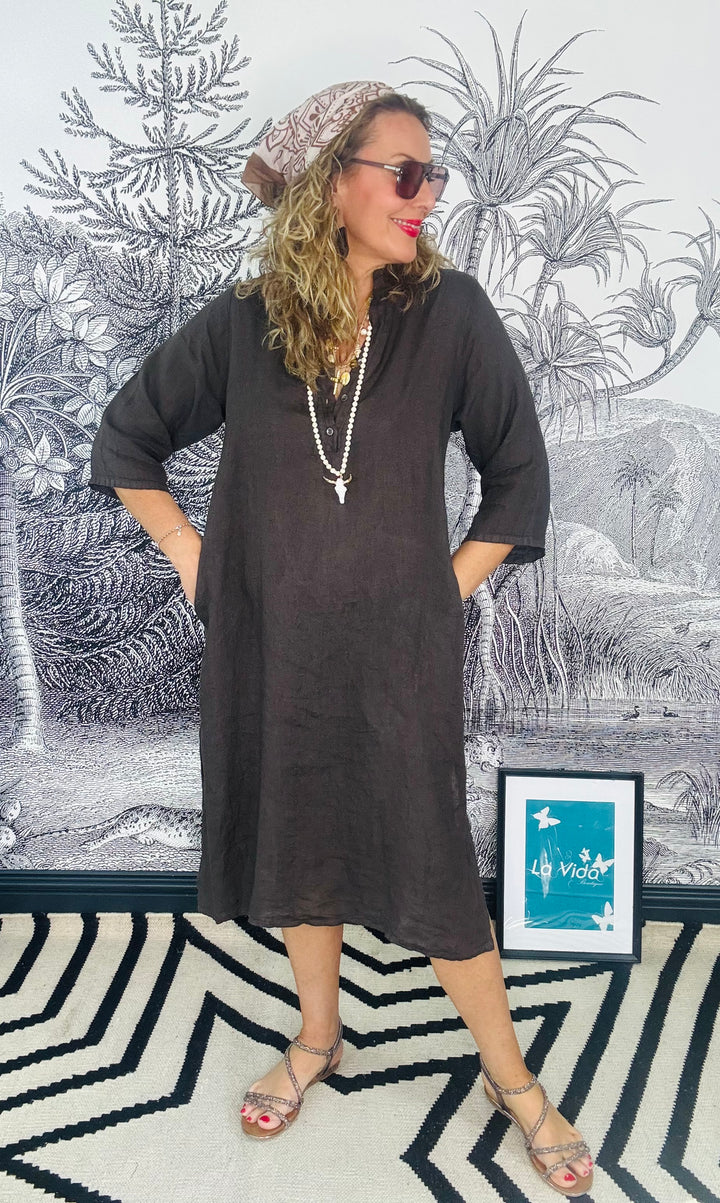 Melina Linen shirt dress in Chocolate