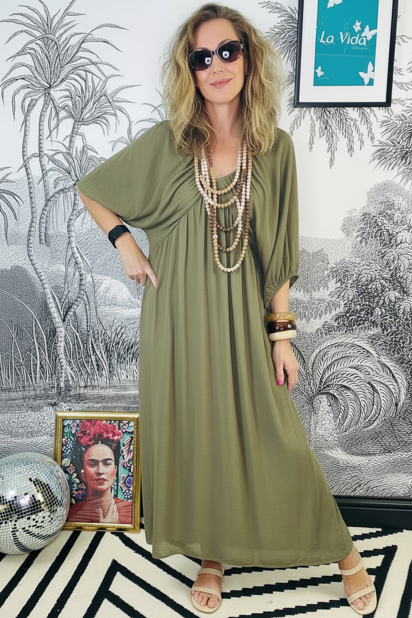 Celeste Draped V-Neck Silk Blend Maxi Dress in Khaki