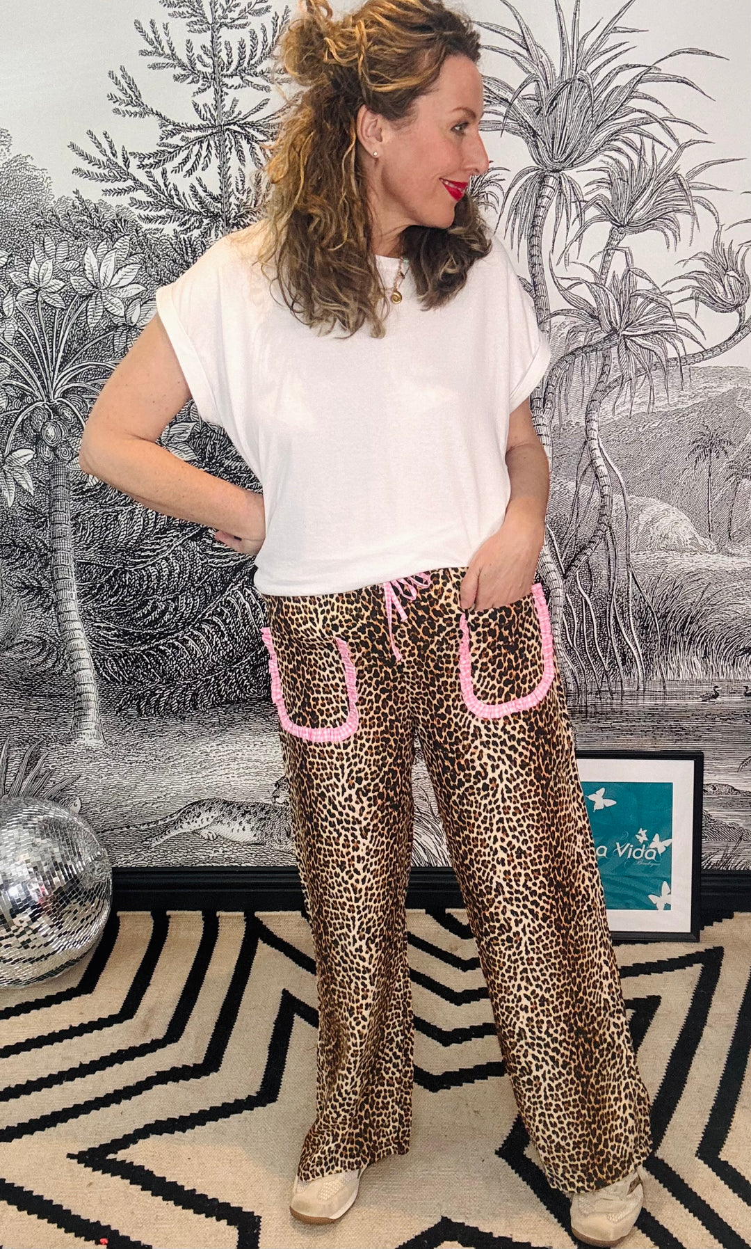 Pascha animal print relaxed trouser with pink gingham pocket
