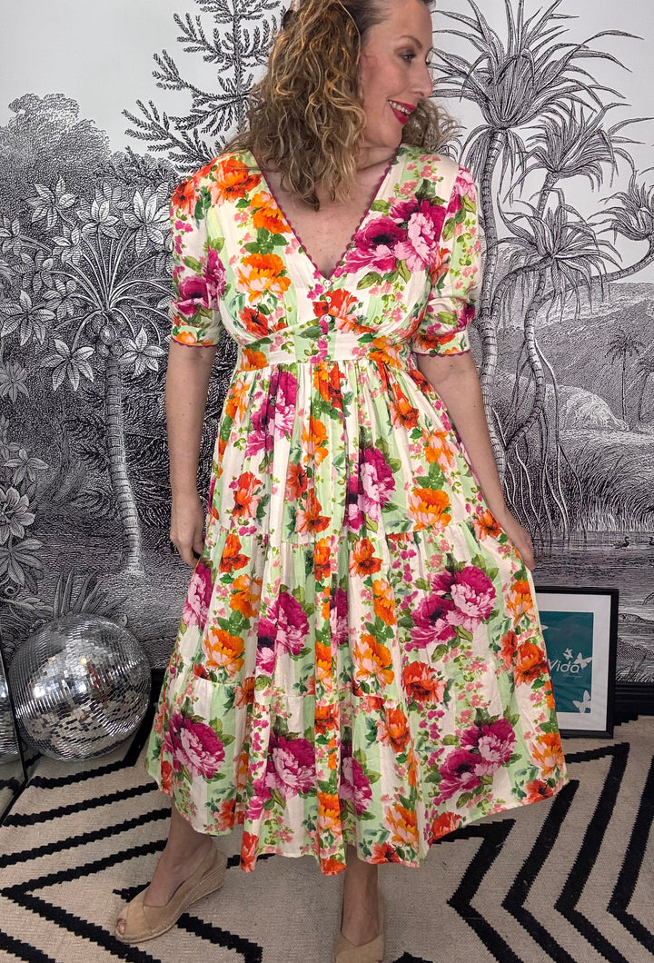 Zeena V-Neck Full-Skirt Tea Dress with Puff Sleeves