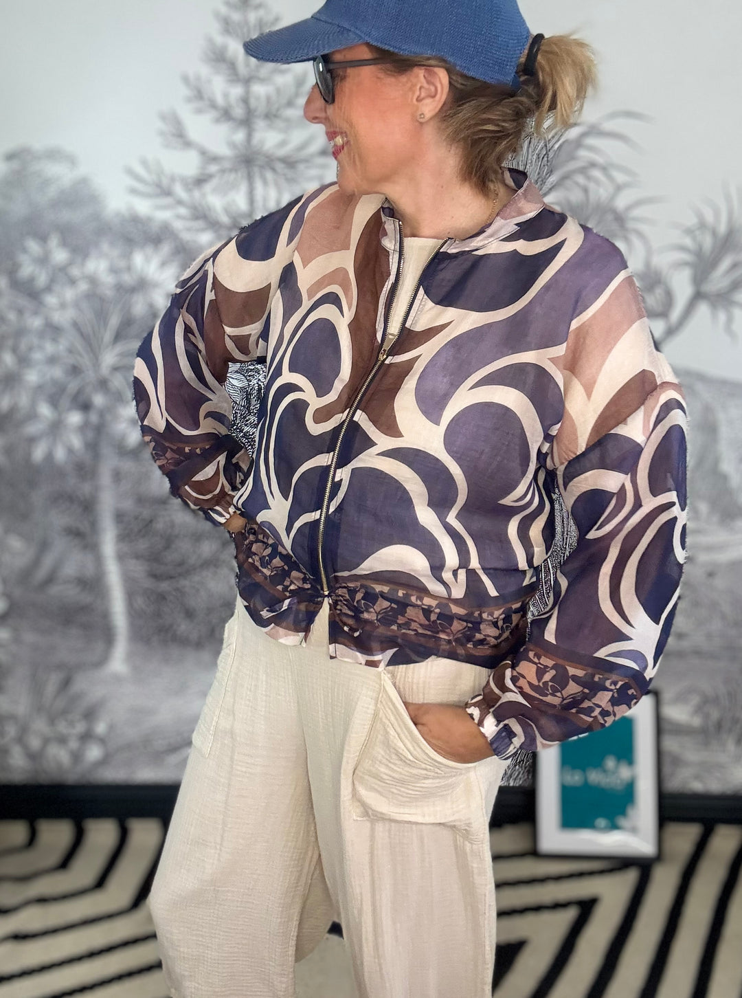 Demi Graphic Print Bomber Jacket with Drawstring Hem
