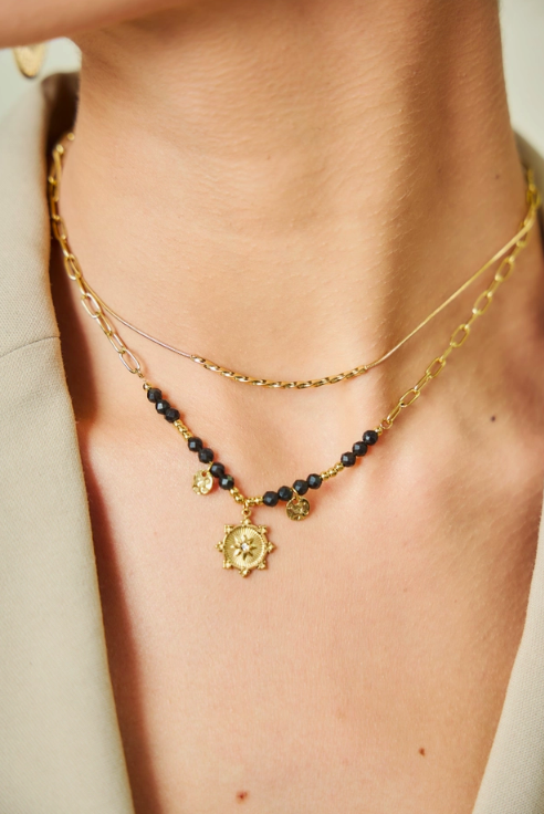 Natural Stone &amp; Hammered Tassel Necklace