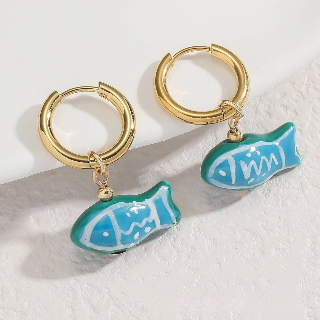 Ceramic Goldfish Pendant Huggie in Blue, Green &amp; Gold