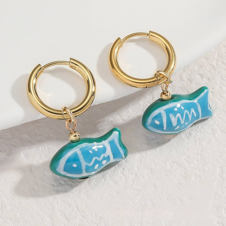 Ceramic Goldfish Pendant Huggie in Blue, Green &amp; Gold