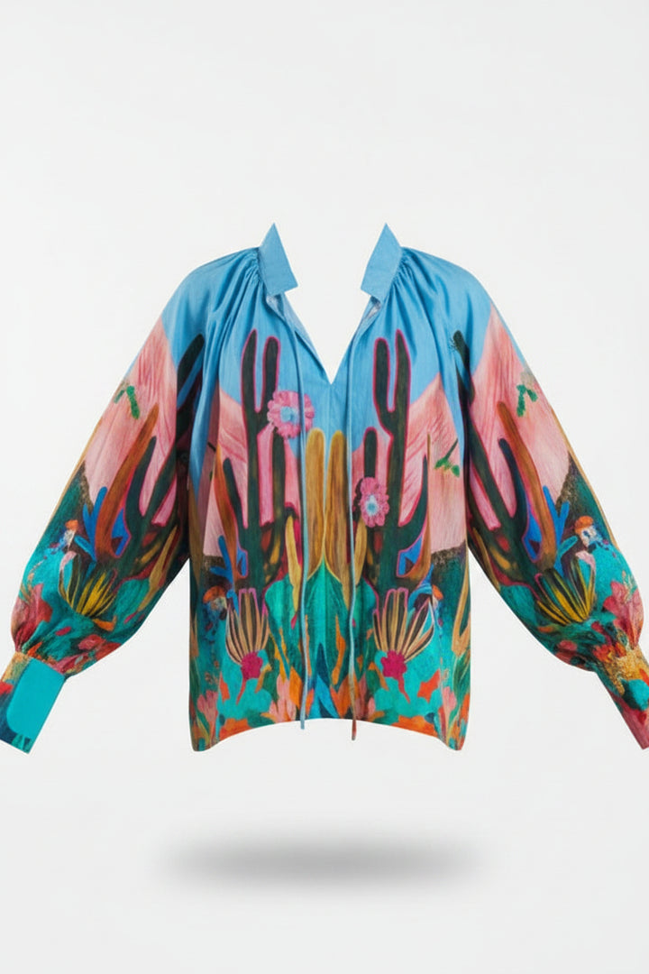 Mexico Printed Flowy Blouse in Blue