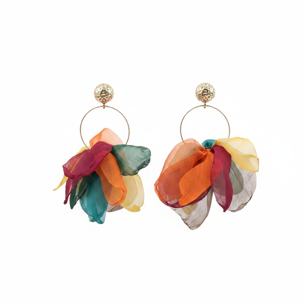 Light weight sheer fabric earring on fine golden hoop