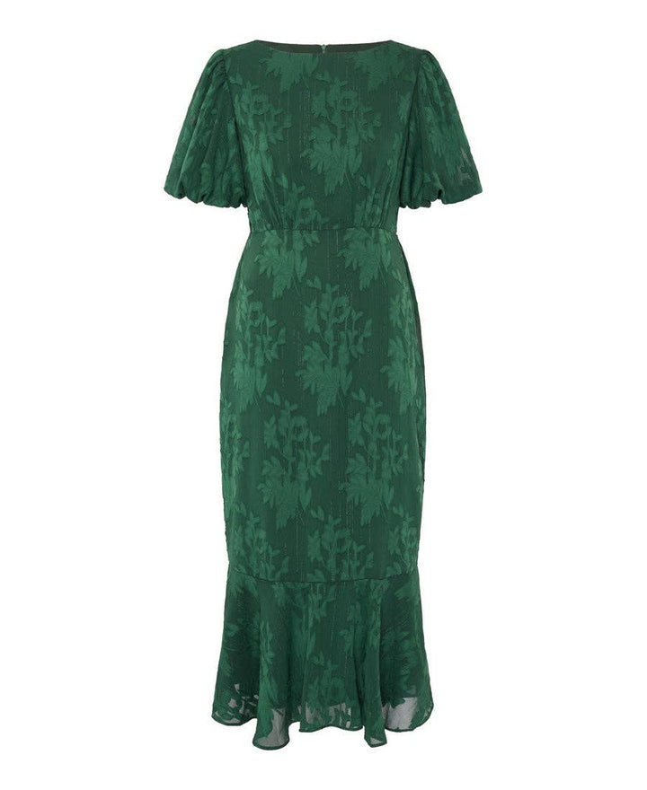 Forest Green Jacquard Puff Sleeve Midi Dress